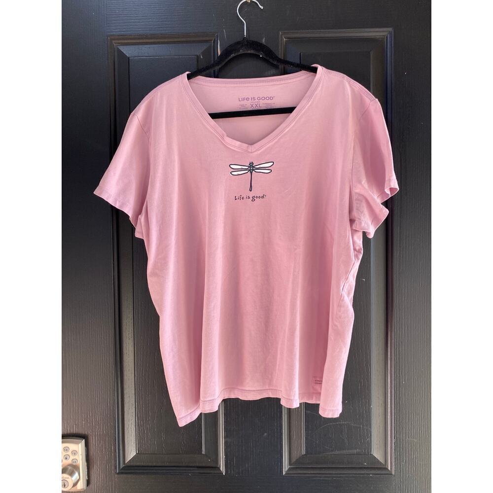 Life is Good Pink Short Sleeve Dragonfly V-Neckline T-Shirt Size 2XL